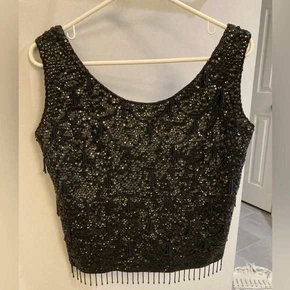 60s vintage beaded sequin black evening tank top wool Hong Kong flapper style - Picture 1 of 4